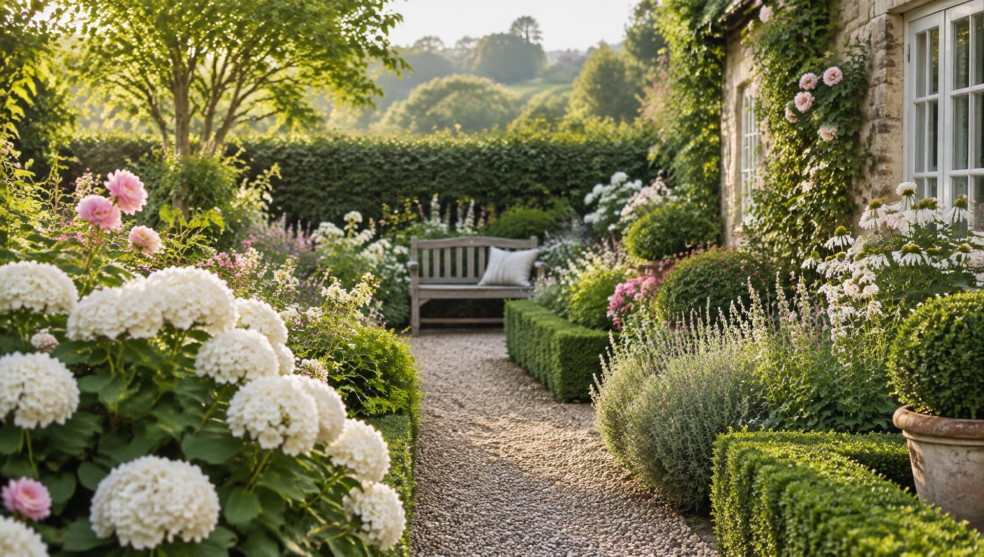 Bauerngarten mit Staudenbeeten, Hecke und Gartenbank im Morgenlicht